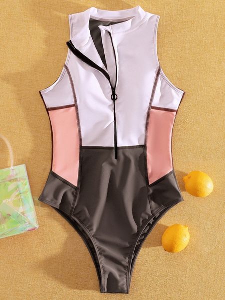 

color block zip front one piece swimsuit d8bv#, White;black