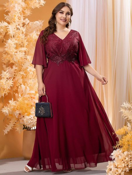 

plus sequin decor embroidery butterfly sleeve chiffon prom dress d8n9#, Black