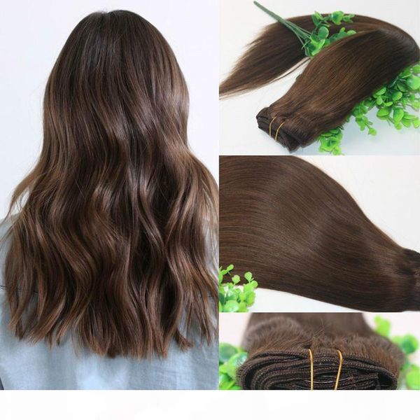 

8a clips human hair extension 4# dark brown straight brazilian human hair 7pcs 120gram 12inch 20inch 26inch, Black