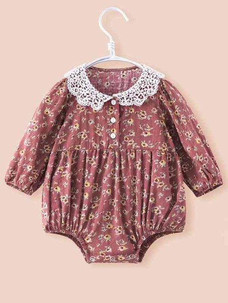 

baby floral print contrast guipure lace bishop sleeve bodysuit she, Blue