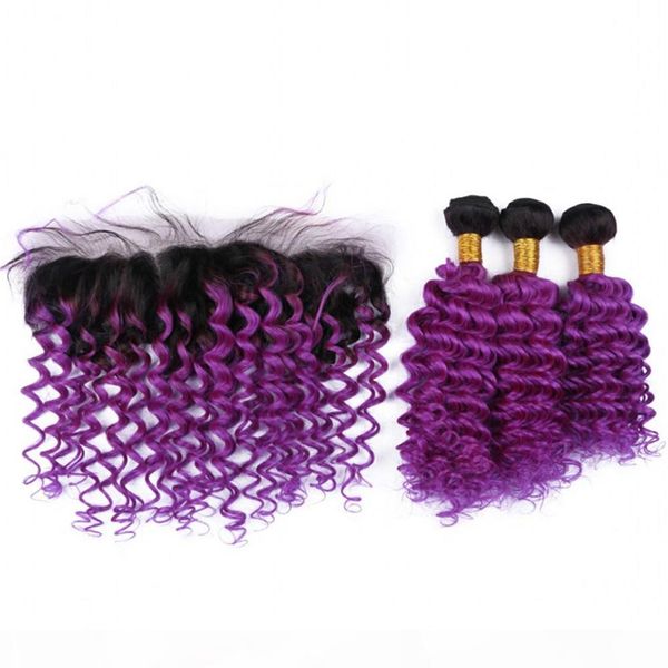 

deep wave 1b purple ombre 13x4 full lace frontal closure with 3bundles virgin indian ombre purple human hair weaves with lace frontal, Black;brown