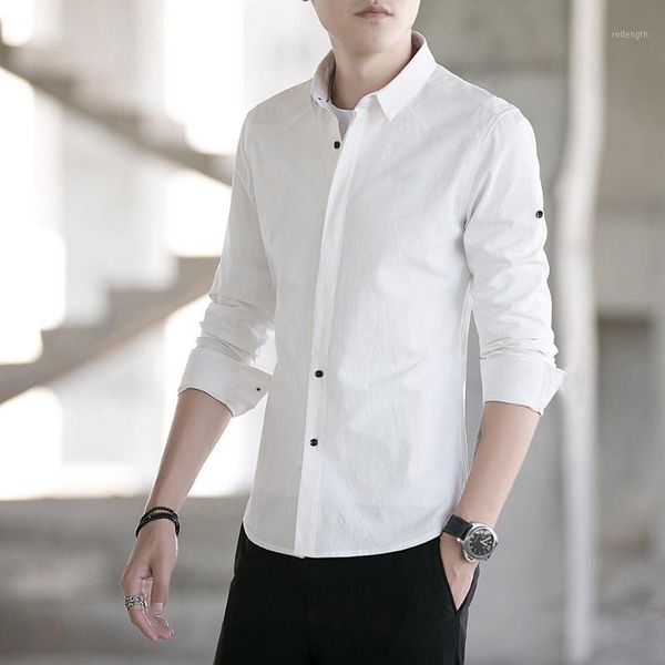 

2020 men solid cotton shirts long men spring autumn casual shirts slim cotton fashion business dress shirt clothing1, White;black