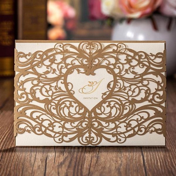 

50pcs laser cut wedding invitations cards with gold red hollow heart design cardstock for bridal shower graduation cw5018