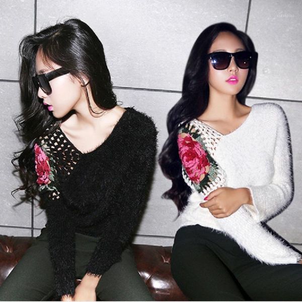

women's sweaters wholesale- autumn winter sweet hook rose flowers bat sleeve sweater slim v-neck mohair female fashion pullover 1, White;black