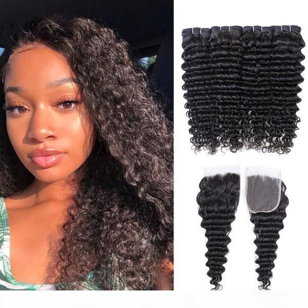 

brazilian deep wave hair bundles with closures natural color 4 bundles with 4x4 lace closure 10-28 inch 100% remy human hair extensions, Black;brown