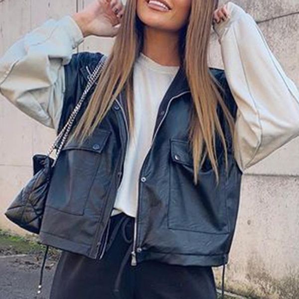 

floy fashion front pockets black short vests women elegant stand collar loose coats women moto biker pu leather vests ladies, Black;white