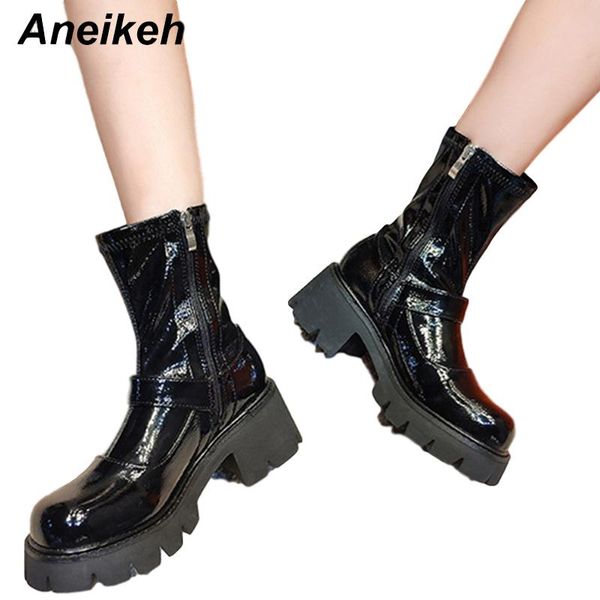 

aneikeh ankle boots zipper motorcycle thick bottom women's pu patent leather leisure punk buckle sewing round toe shoes fashion, Black