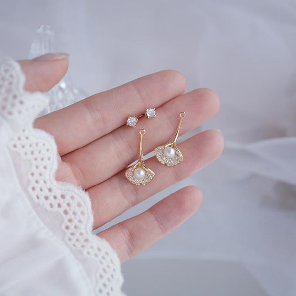 

New design micro-inlaid zircon imitation pearl ginkgo leaf design a pair of earrings for women, Golden;silver