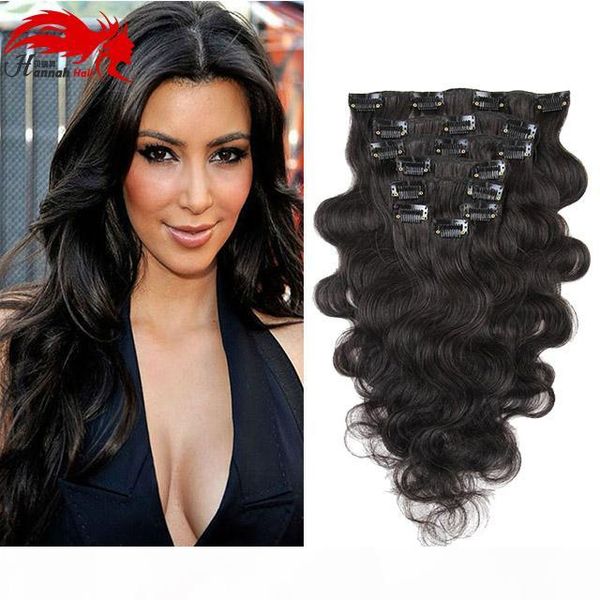 

hannah product 7 pieces set clip in human hair extensions body wave natural color 70g remy hair 10-26 inch, Black