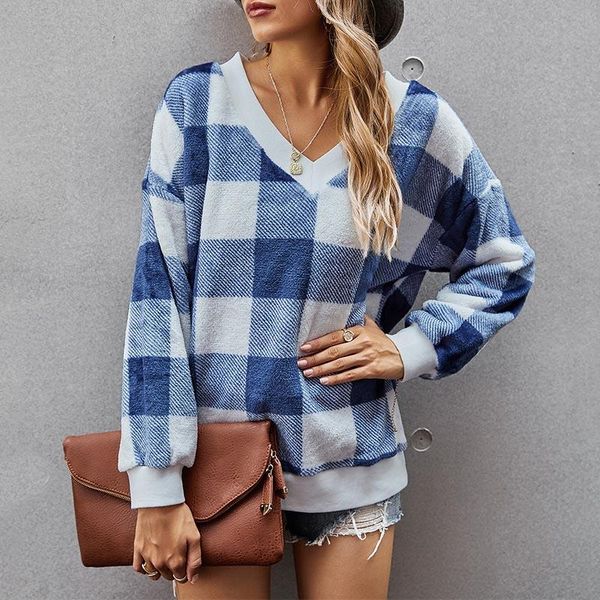 

women v neck plaid print sweater warm contrast color spring autumn knit pullovers, White;black