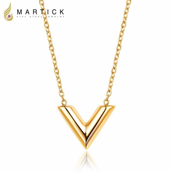 

martick 316l stainless steel gold-color v letter shap pendant necklace link chain necklace fashion jewelry for girl, Silver