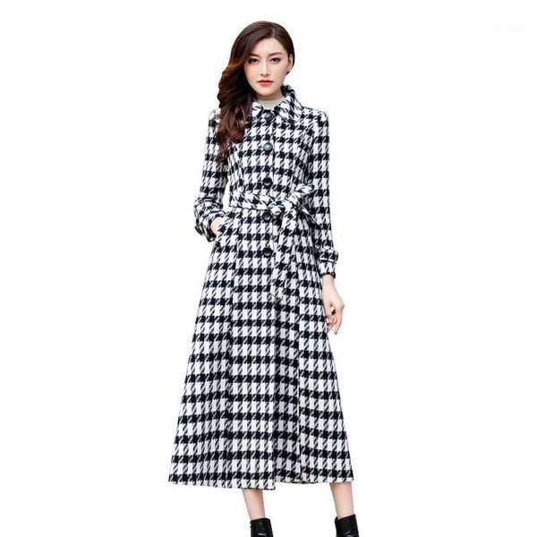 

new winter women maxi long woolen coat belted slim fit high waist female plaid overcoat single breasted padded wool blends coats1, Black