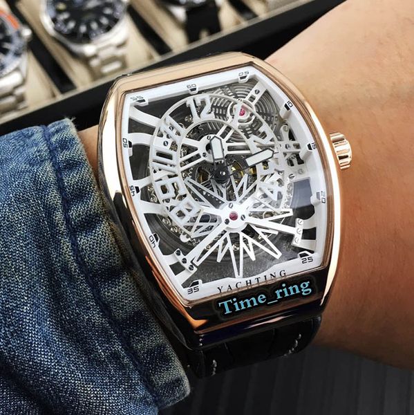 

edition v45 sc td skeleton dial rose gold steel case automatic mechanical movement mens watch black leather strap designer brand watch, Slivery;brown