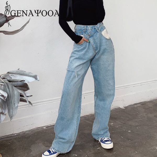 

genayooa ripped mom jeans for women high waisted streetwear boyfriend jeans women patckwork irregular loose wide leg blue jeans 1017