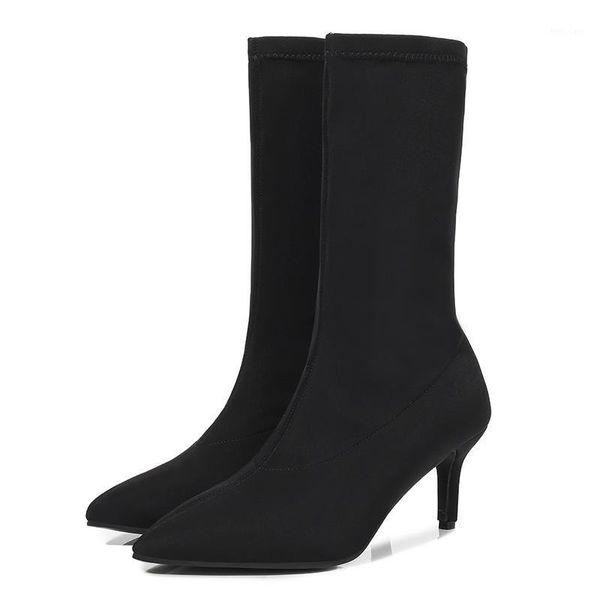 

women high heel boots women high heels sock boots slip-on pointed toe mid-calf shoes size 35-421, Black