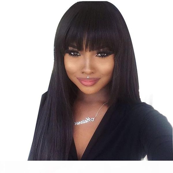 

full lace human hair wigs with bangs for black women peruvian virgin pre plucked long straight lace front wig with baby hair, Black;brown