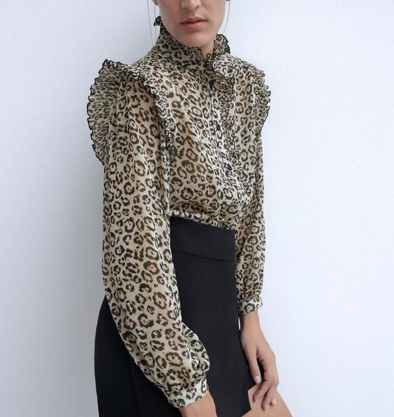 

fall 2021 women clothing new leopard animal print long sleeve button up shirt korean ruffles stand collar chiffon blouse women, White