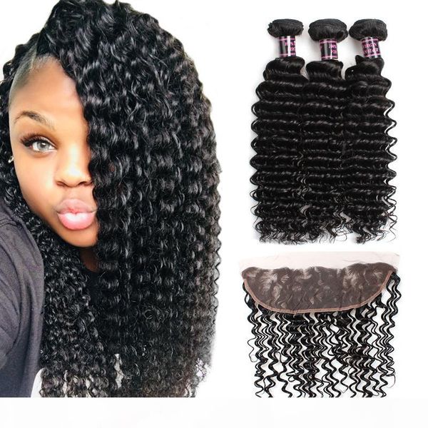 

brazilian deep wave human hair wefts 3bundles with 13x4 lace frontal ear to ear human hair bundles with closure, Black