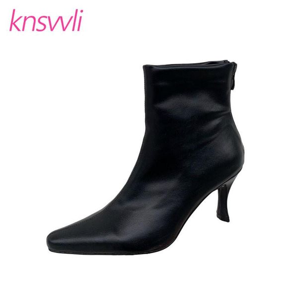

new high heels ankle boots women genuine leather stretch boots ladies point toe shoes woman simplicity short botas mujer, Black