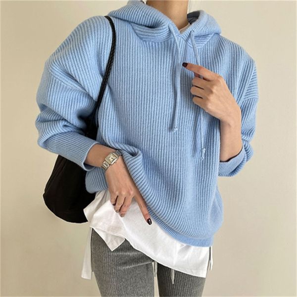 

2021 new candy color hang strip casual all-match long-sleeved hooded patch knitted sweater women niyt, White;black