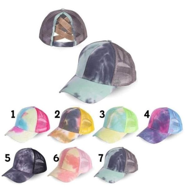 

2021 tie dye ponycap messy high bun ponytail criss cross ball hat adjustable snapback designers tie dye mesh baseball cap sport visor h2307, Yellow
