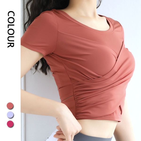 

solid color navel waist-closing short-sleeved yoga gym clothes women yoga clothing sports fitness clothing korean t-shirt shirt, White;red
