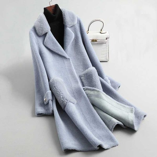 

women's wool & blends 2021 women 100% cashmere blue coat elegant suede inner furry fashion winter warm with pocket casaco feminino1, Black