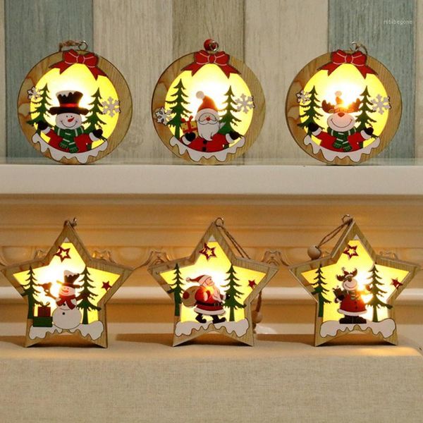 

christmas decorations snowman star hanging ornaments round santa led wooden pendant year supplies1