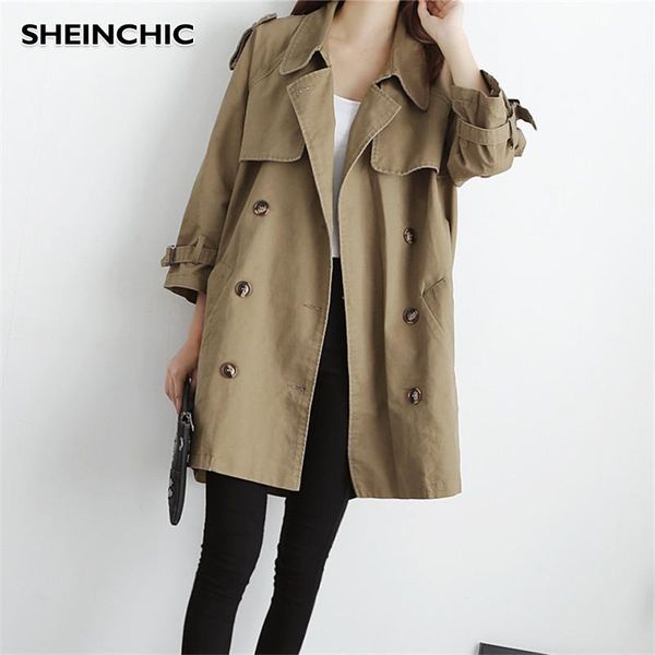 

women's trench coats spring autumn coat women korean casual double-breasted long sleeve windbreaker loose woman clothes, Tan;black