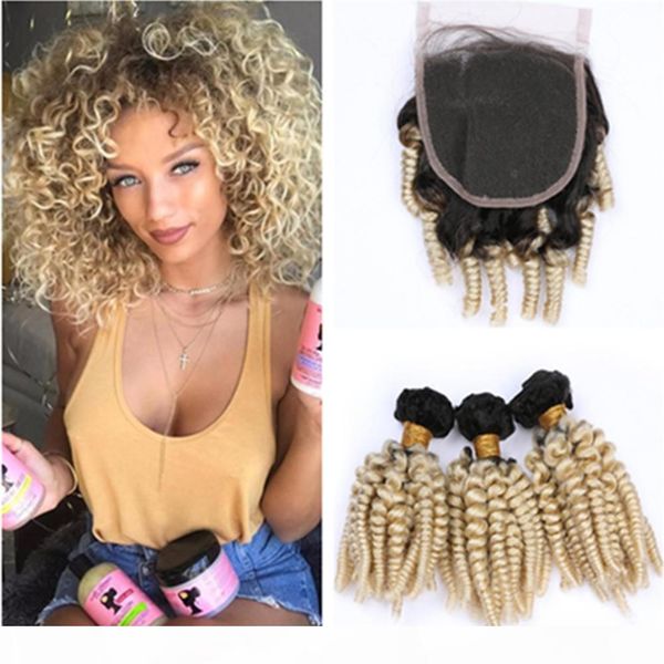 

#1b 613 ombre brazilian aunty funmi human hair 3bundles and closure ombre blonde funmi curly virgin hair lace closure 4x4 with weave bundles, Black