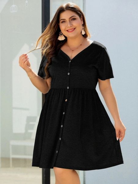 

plus button front v-neck dress g4a2#, Black