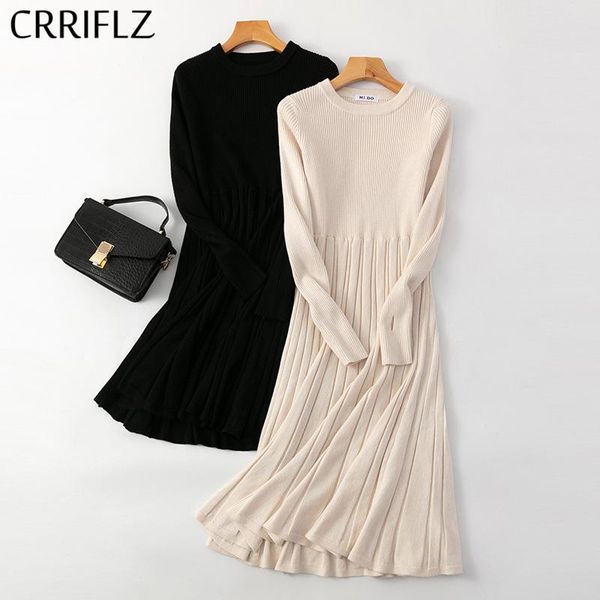 

casual dresses autumn winter chic solid knitted sweater dress women full sleeve ribbed thick a-line long ladies pullover party, Black;gray