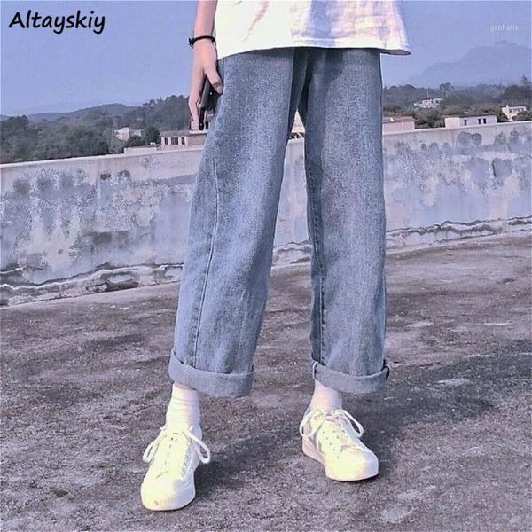 

jeans women zipper chic high waist straight korean style fashion casual loose street full-length all-match simple solid trouser1, Blue