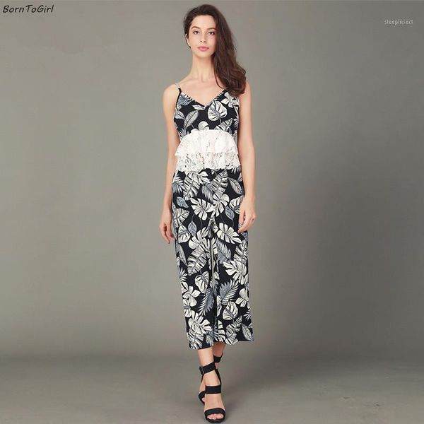 

borntogirl 2018 summer women clothing sets v neck printed two piece suit set + pants women lace stitching + pants1, White;black