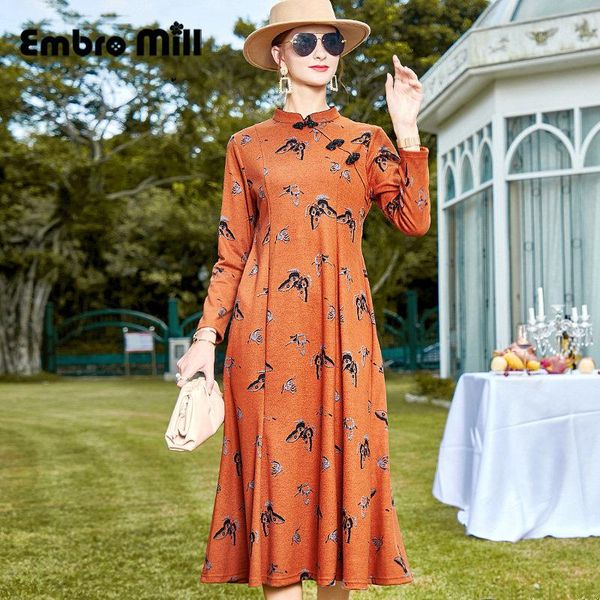 

cheongsam butterfly flower splice disc buckle women's long sleeveautumn and winter new retro print long dress -2xl, Black;gray