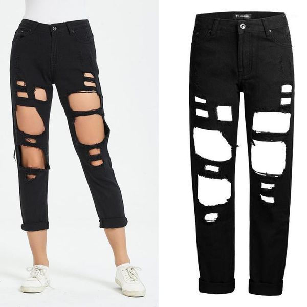

women's jeans women ripped hole boyfriend loose straight-leg ankle-length beggar jean trousers large size white slim fit denim pants1, Blue