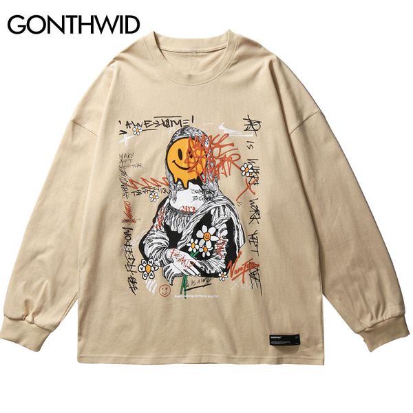 

funny graffiti mona lisa face daisy flowers print long sleeve tees shirts streetwear hip hop harajuku casual kg-291, White;black