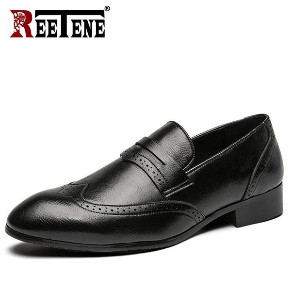 

reetene classic gentleman dress shoes leather slip-on men loafers formal oxfords flats shoes men party casual mens dress, Black