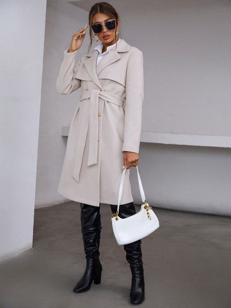 

lapel neck double breasted belted overcoat u53c#, Black