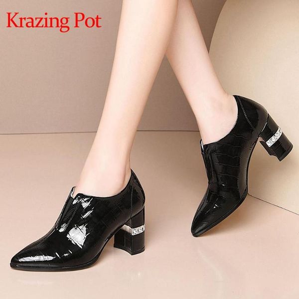 

krazing pot large size cow leather veins pointed toe high heels rhinestone young lady elastic band brand shoes spring pumps l16, Black