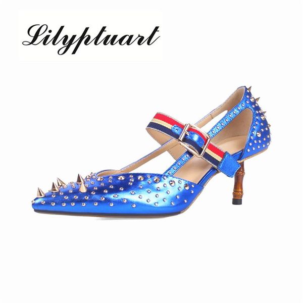 

new rivets stiletto heel pumps lady mixed color ankle buckle studded high heels single shoes women pointed toe dress shoes, Black