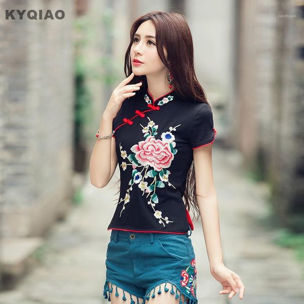 

kyqiaol red black white handmade frog embroidery cotton blouse shirt for women ethnic vintage shirt traditional chinese clothing1