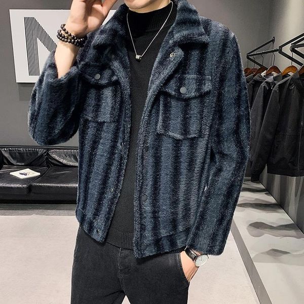 

2021 new men autumn winter wool blends coats striped korea style jacket male casual fashion short clothing fluffy outwear d174, Black