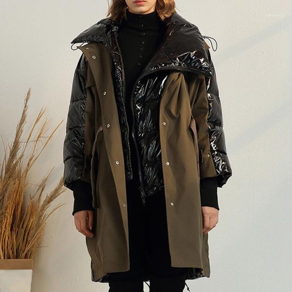 

xuxi 2020 spring winter woman stylish hit color long sleeve hooded adjustable waist spliced loose cotton-padded coat fz03531, Tan;black