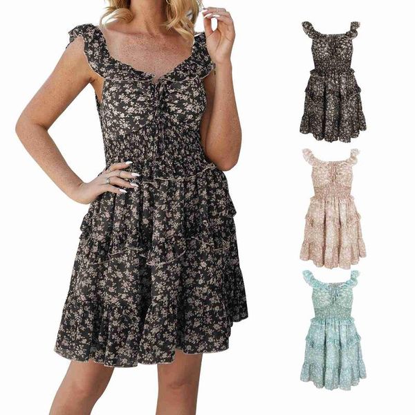 

ruffled summer dress broken bouquet waist holiday dress, Black;gray