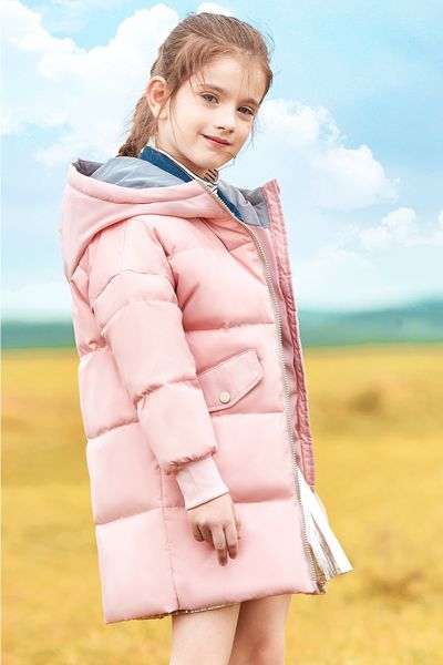 

clothing 2020 new down jacket girls' middle long thick hooded small, medium and large children's foreign style, Blue;gray