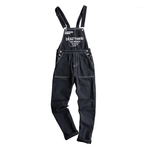 

men's jeans men's letters printed black denim bib overalls steetwear straight adjustable suspenders jumpsuits1, Blue
