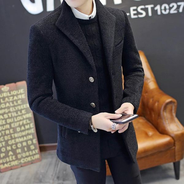

2018 mens fashion boutique middle long coats jackets slim fit male autumn winter overcoat warm woolen casual brand erkek kaban1, Black