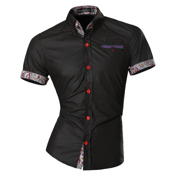 

jeansian mens summer fashion lines of geometric ornamentation casual slim fit short sleeve male simple colors shirt z026 201026, White;black