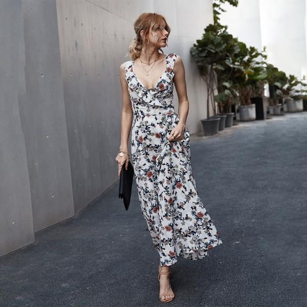 

summer ruffles floral print dress 2021 women deep v-nack backless boho dress side split party maxi sundress vestidos, Black;gray